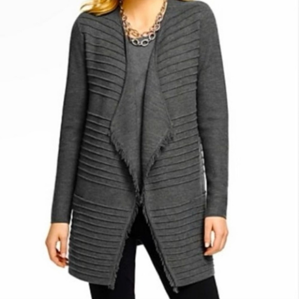 Talbots Women Cardigan 100% Merino Wool Fringe Trim Knit Size Small Gray